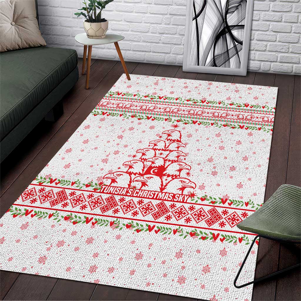 Tunisia Christmas Area Rug with Red Falcon Tree White Snowflake Pattern and Festive Borders - Wonder Print Shop