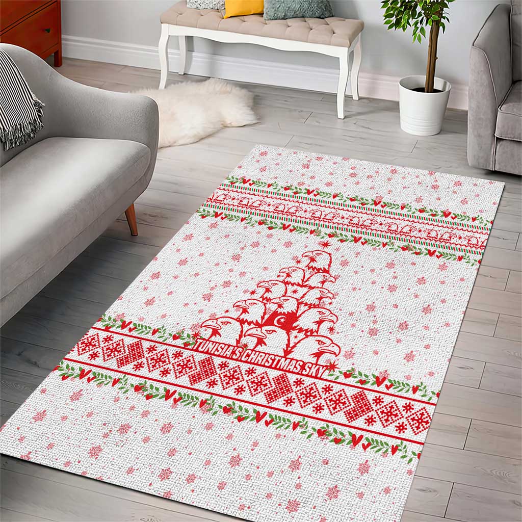 Tunisia Christmas Area Rug with Red Falcon Tree White Snowflake Pattern and Festive Borders - Wonder Print Shop