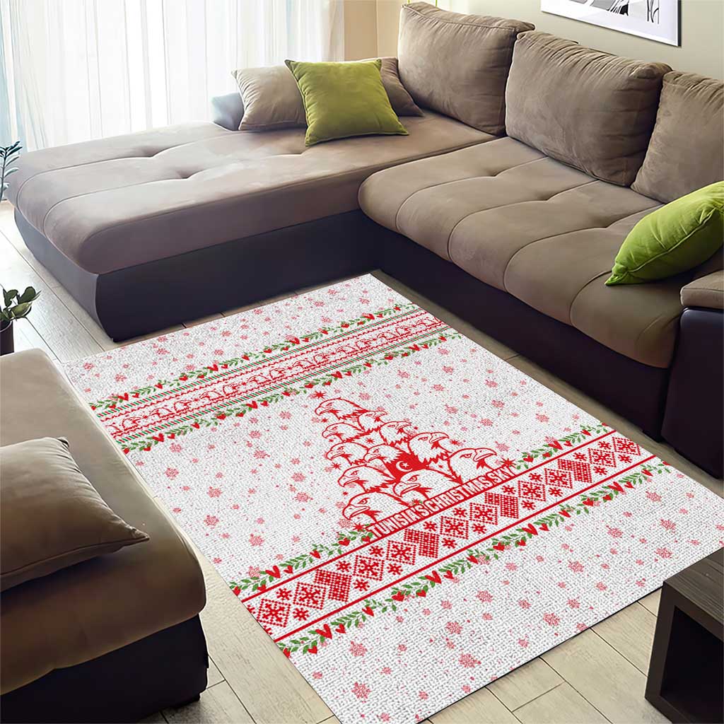 Tunisia Christmas Area Rug with Red Falcon Tree White Snowflake Pattern and Festive Borders - Wonder Print Shop