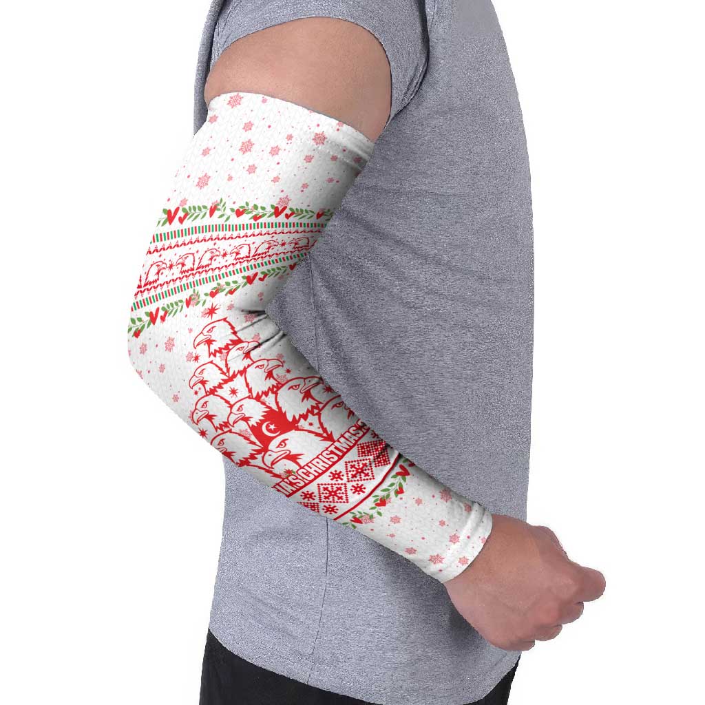 Tunisia Christmas Arm Sleeves with Red Falcon Tree White Snowflake Pattern and Festive Borders - Wonder Print Shop