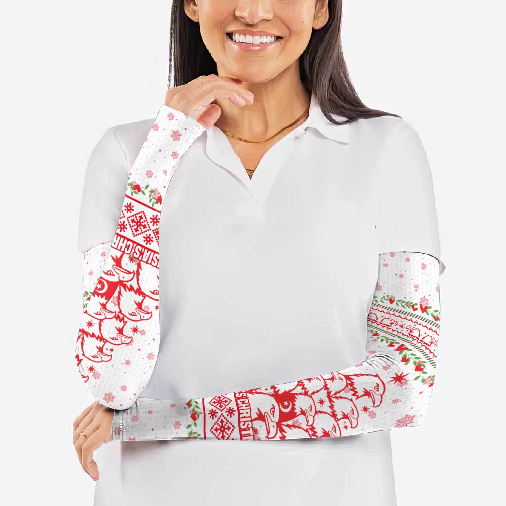 Tunisia Christmas Arm Sleeves with Red Falcon Tree White Snowflake Pattern and Festive Borders - Wonder Print Shop