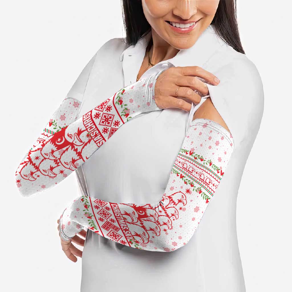 Tunisia Christmas Arm Sleeves with Red Falcon Tree White Snowflake Pattern and Festive Borders - Wonder Print Shop