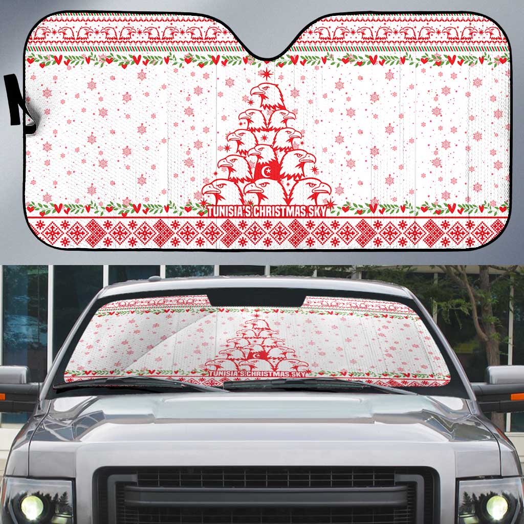 Tunisia Christmas Auto Sun Shade with Red Falcon Tree White Snowflake Pattern and Festive Borders - Wonder Print Shop
