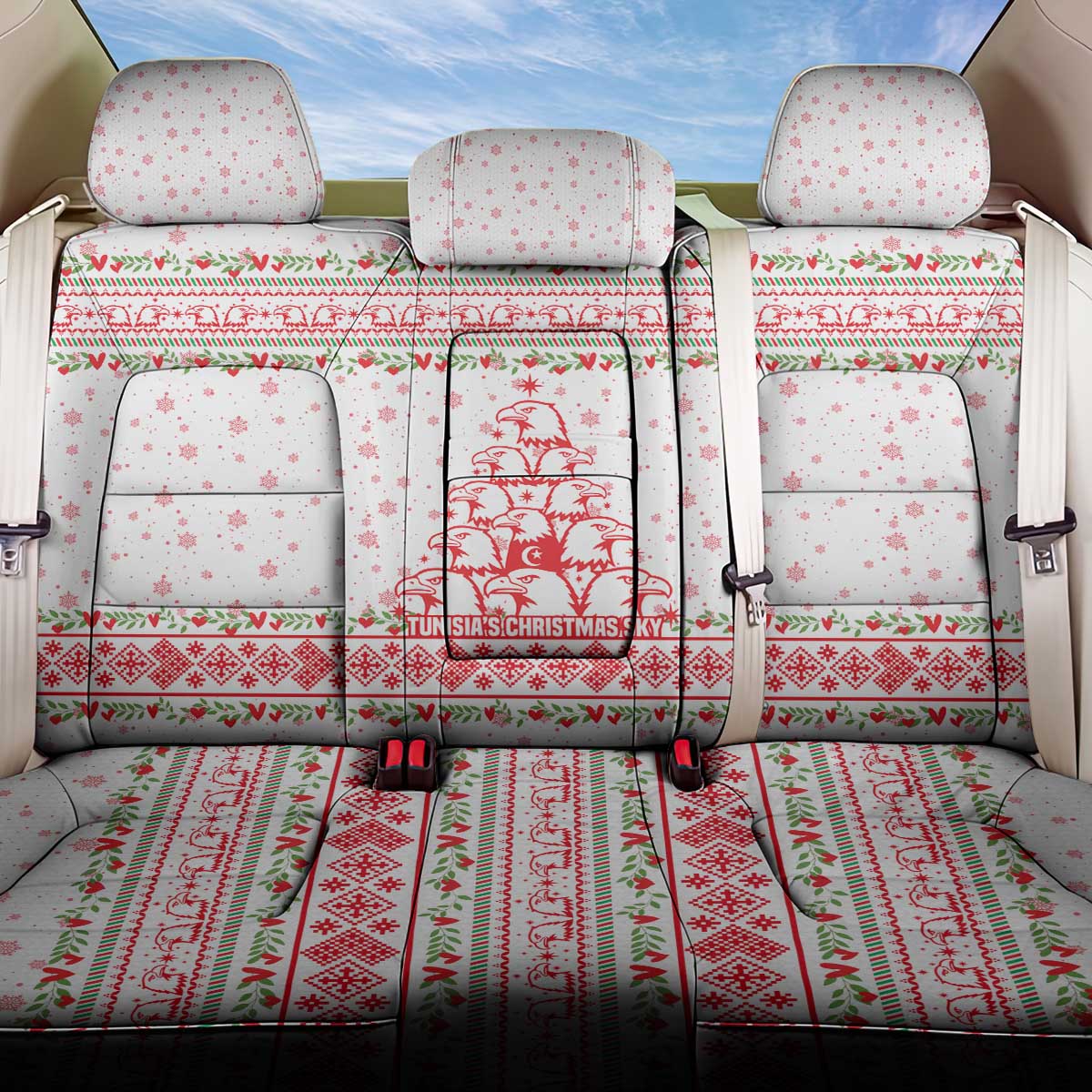 Tunisia Christmas Back Car Seat Cover with Red Falcon Tree White Snowflake Pattern and Festive Borders - Wonder Print Shop