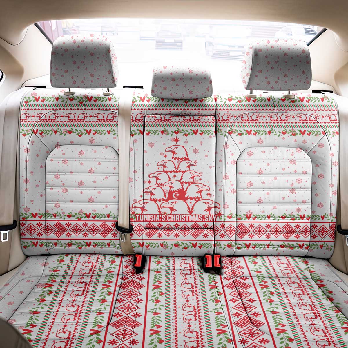Tunisia Christmas Back Car Seat Cover with Red Falcon Tree White Snowflake Pattern and Festive Borders - Wonder Print Shop