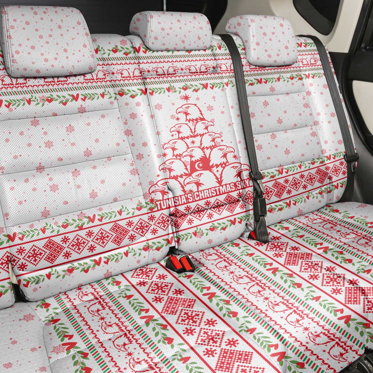 Tunisia Christmas Back Car Seat Cover with Red Falcon Tree White Snowflake Pattern and Festive Borders - Wonder Print Shop