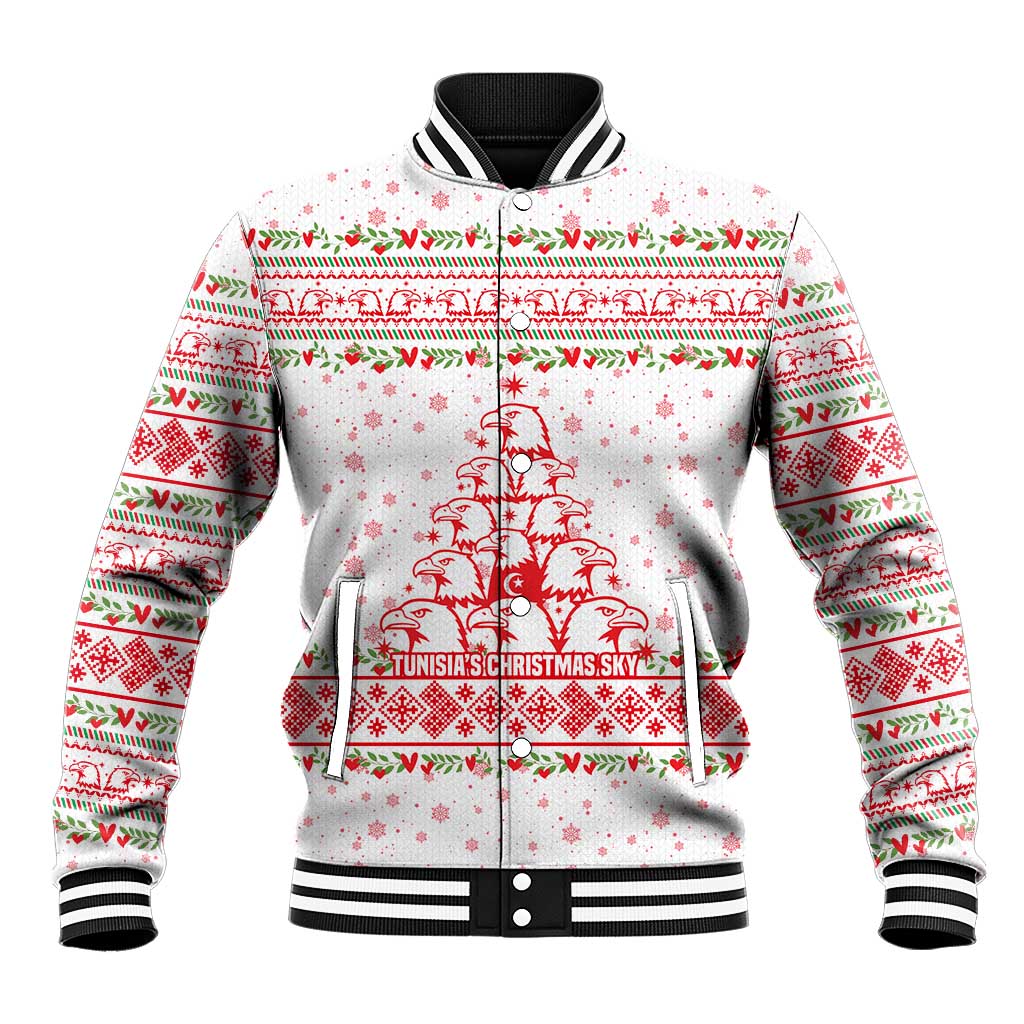 Tunisia Christmas Baseball Jacket with Red Falcon Tree White Snowflake Pattern and Festive Borders - Wonder Print Shop