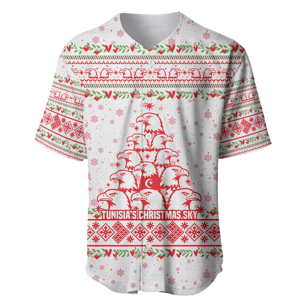Tunisia Christmas Baseball Jersey with Red Falcon Tree White Snowflake Pattern and Festive Borders - Wonder Print Shop