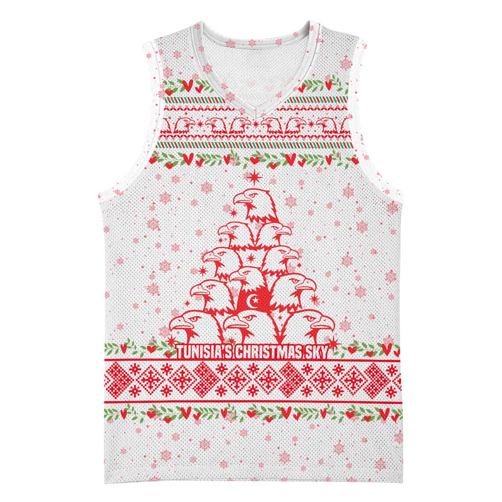Tunisia Christmas Basketball Jersey with Red Falcon Tree White Snowflake Pattern and Festive Borders - Wonder Print Shop