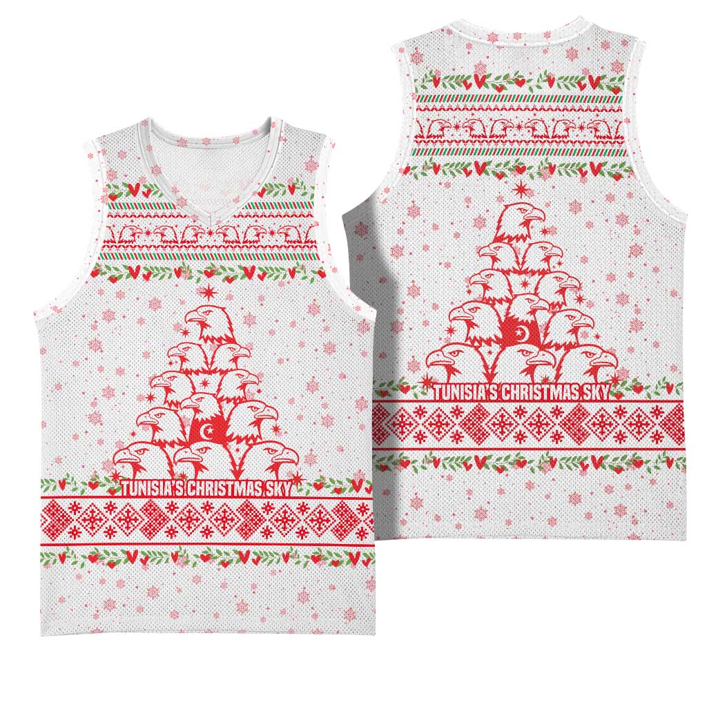 Tunisia Christmas Basketball Jersey with Red Falcon Tree White Snowflake Pattern and Festive Borders - Wonder Print Shop