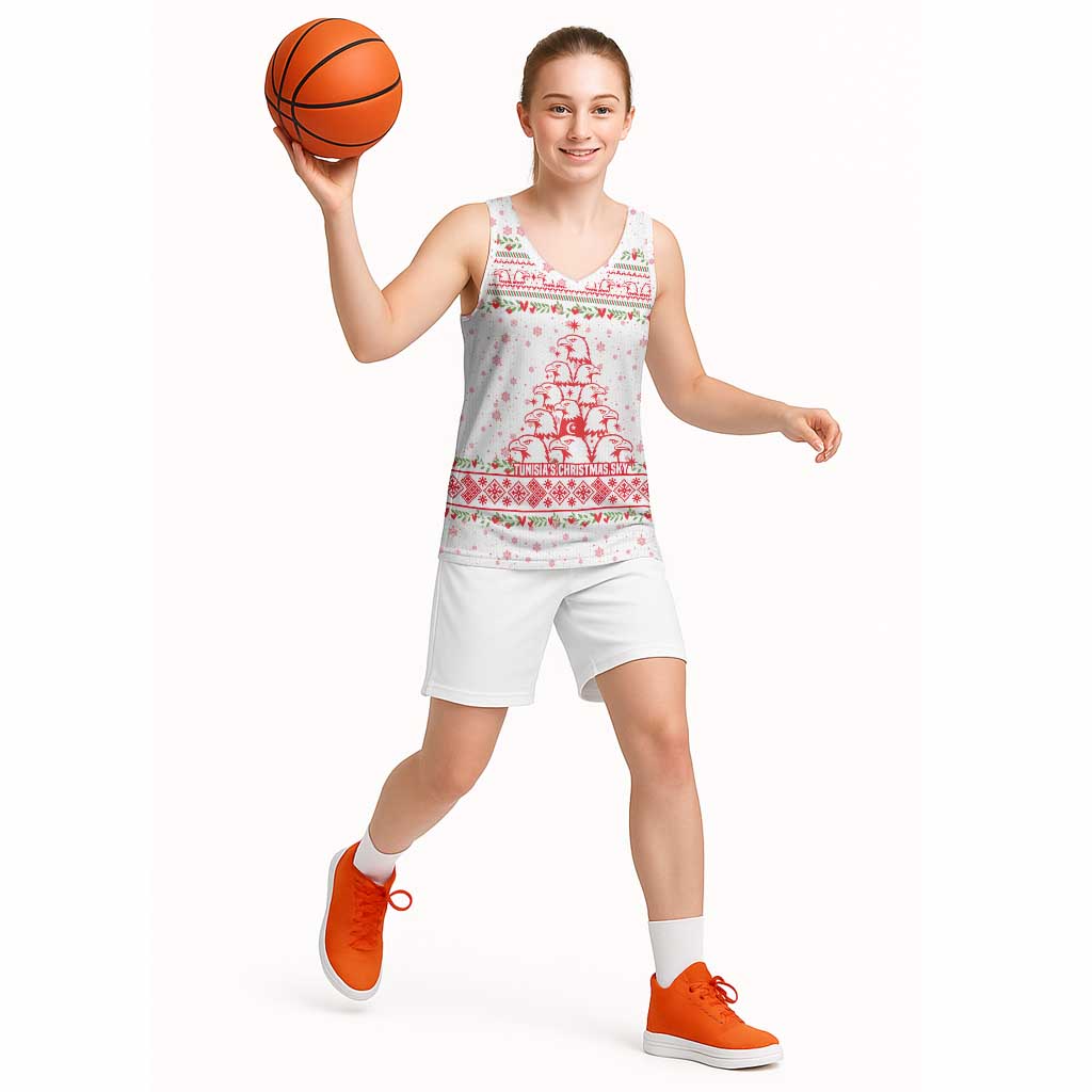 Tunisia Christmas Basketball Jersey with Red Falcon Tree White Snowflake Pattern and Festive Borders - Wonder Print Shop