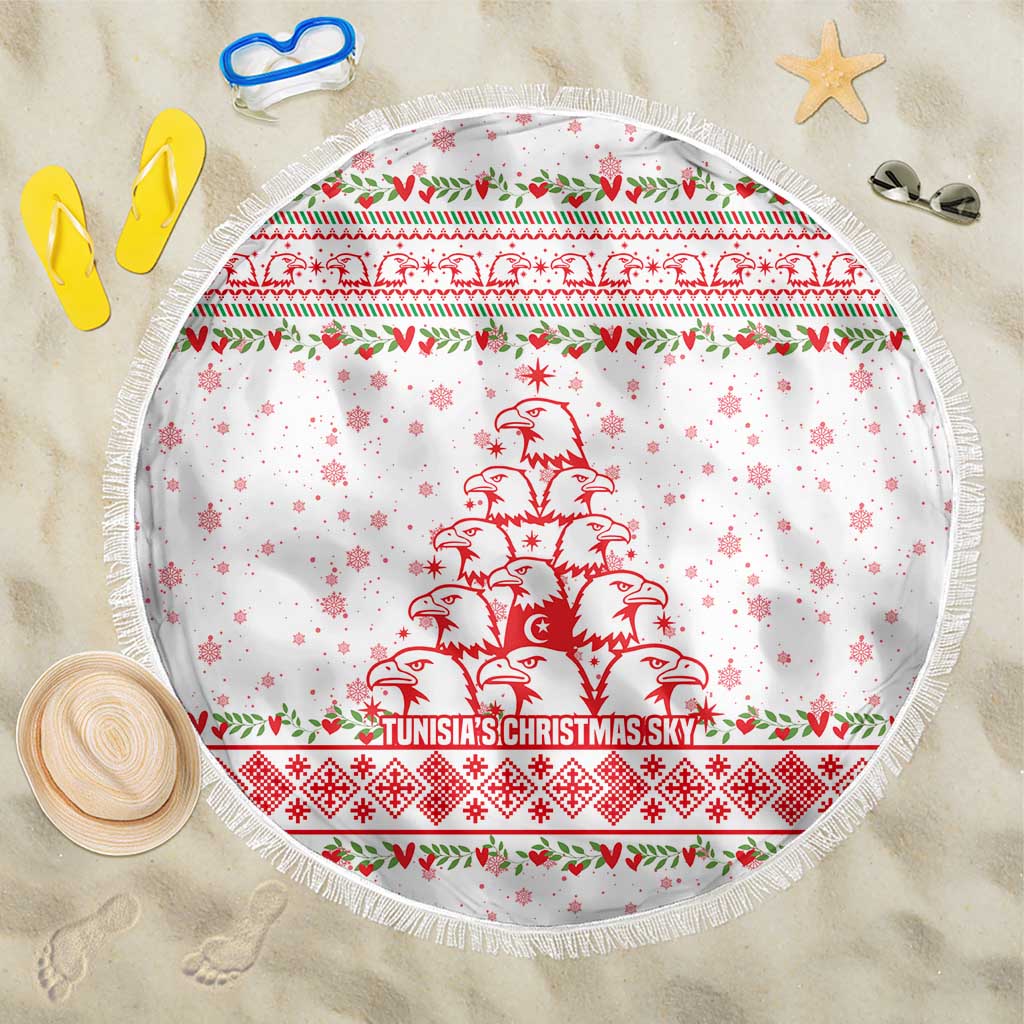 Tunisia Christmas Beach Blanket with Red Falcon Tree White Snowflake Pattern and Festive Borders - Wonder Print Shop