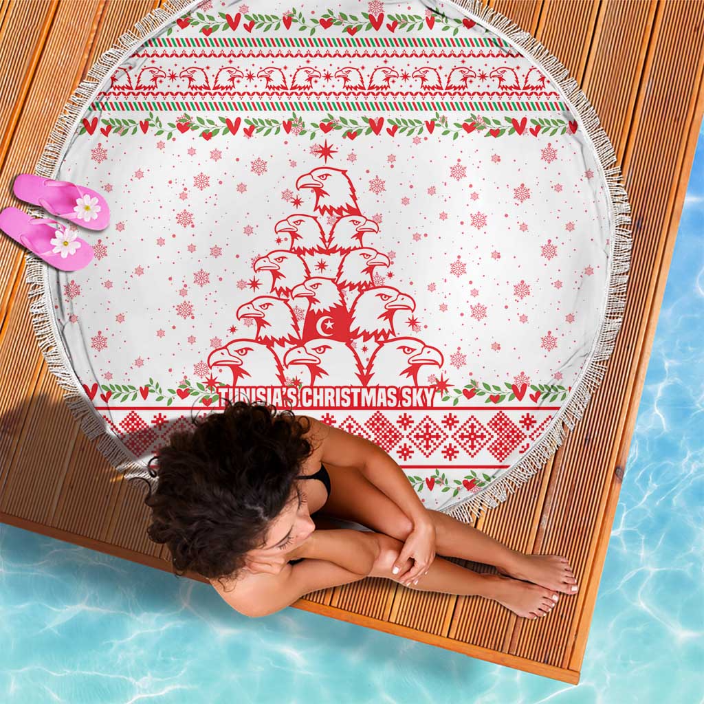 Tunisia Christmas Beach Blanket with Red Falcon Tree White Snowflake Pattern and Festive Borders - Wonder Print Shop