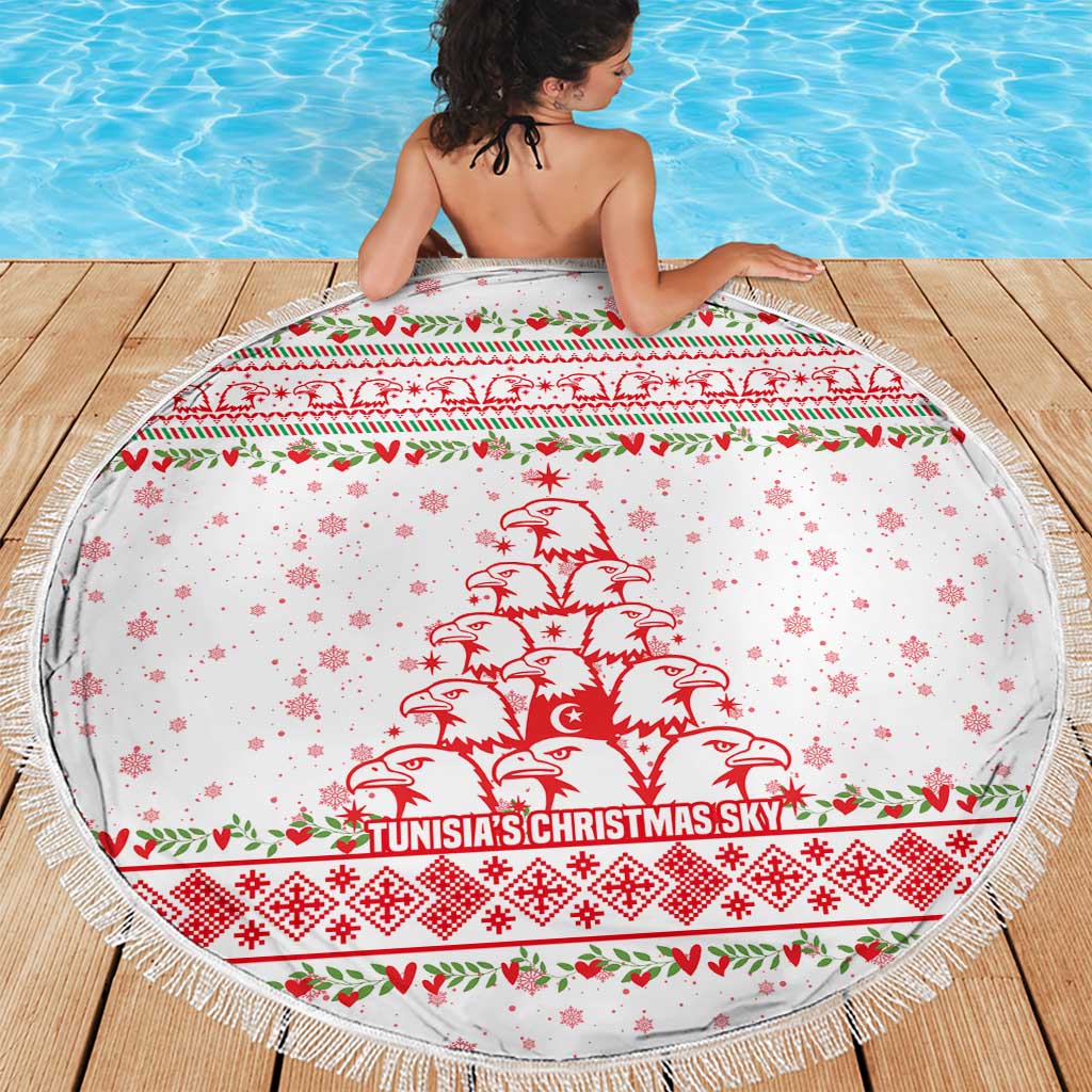 Tunisia Christmas Beach Blanket with Red Falcon Tree White Snowflake Pattern and Festive Borders - Wonder Print Shop
