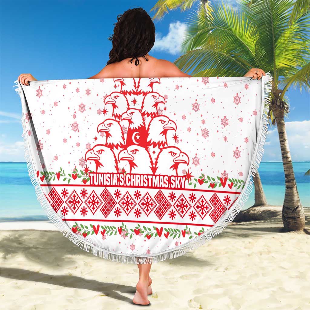 Tunisia Christmas Beach Blanket with Red Falcon Tree White Snowflake Pattern and Festive Borders - Wonder Print Shop