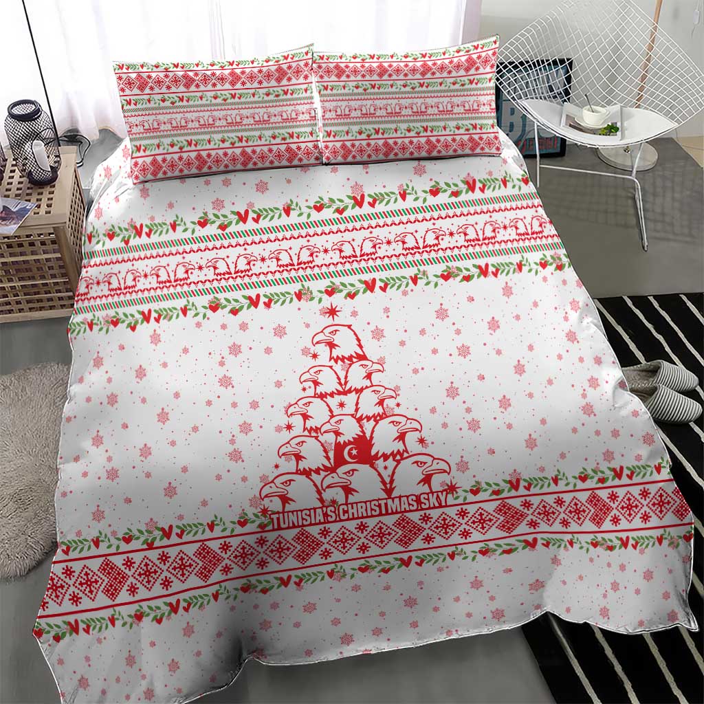 Tunisia Christmas Bedding Set with Red Falcon Tree White Snowflake Pattern and Festive Borders - Wonder Print Shop