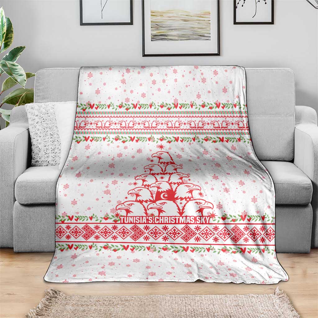 Tunisia Christmas Blanket with Red Falcon Tree White Snowflake Pattern and Festive Borders - Wonder Print Shop