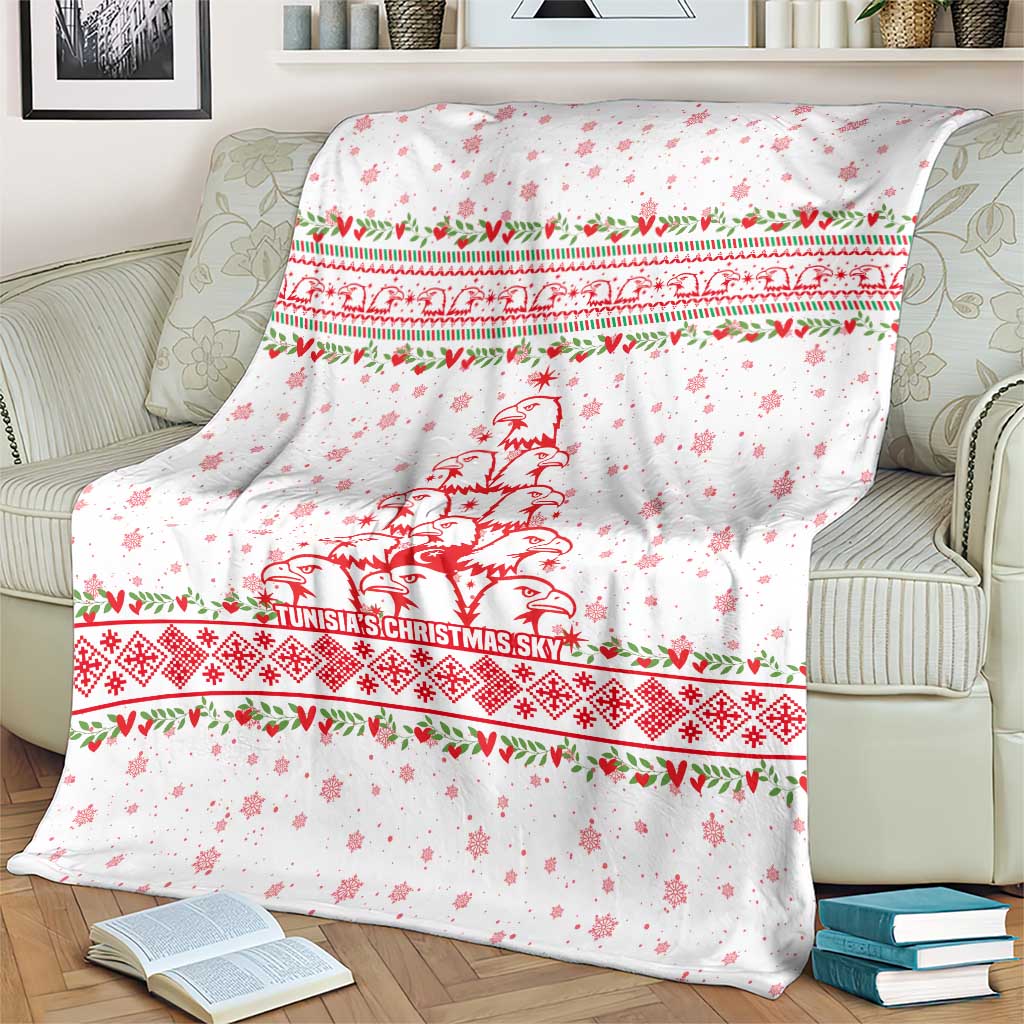 Tunisia Christmas Blanket with Red Falcon Tree White Snowflake Pattern and Festive Borders - Wonder Print Shop