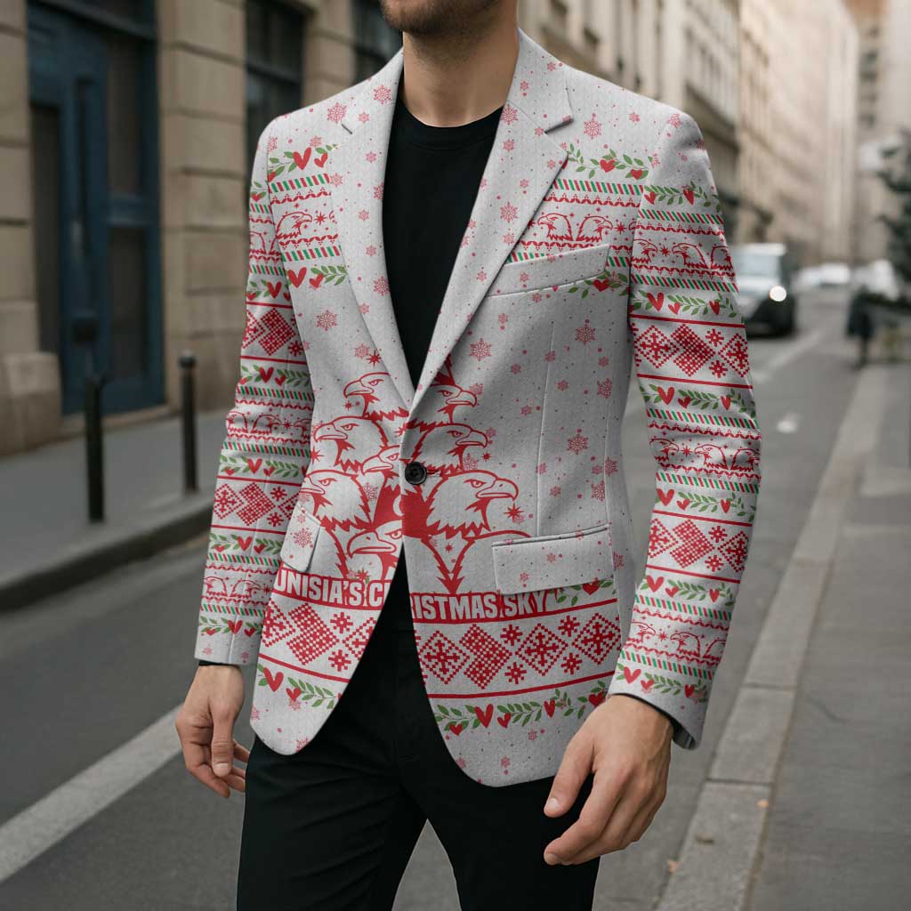 Tunisia Christmas Blazer with Red Falcon Tree White Snowflake Pattern and Festive Borders - Wonder Print Shop