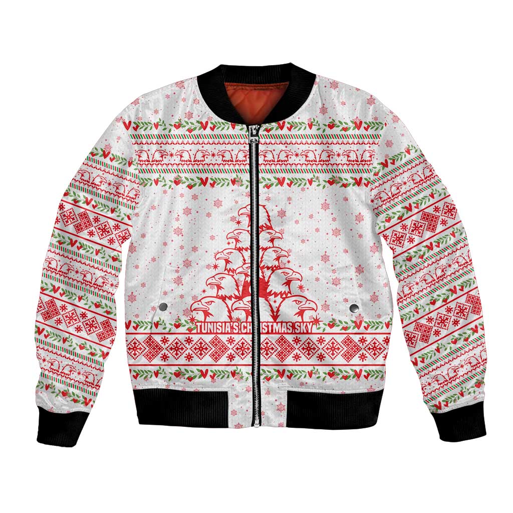 Tunisia Christmas Bomber Jacket with Red Falcon Tree White Snowflake Pattern and Festive Borders - Wonder Print Shop