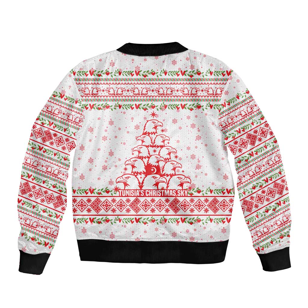 Tunisia Christmas Bomber Jacket with Red Falcon Tree White Snowflake Pattern and Festive Borders - Wonder Print Shop