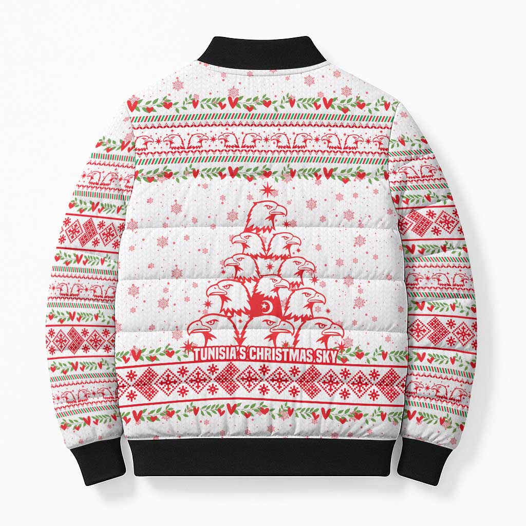 Tunisia Christmas Bomber Puffer Jacket with Red Falcon Tree White Snowflake Pattern and Festive Borders - Wonder Print Shop