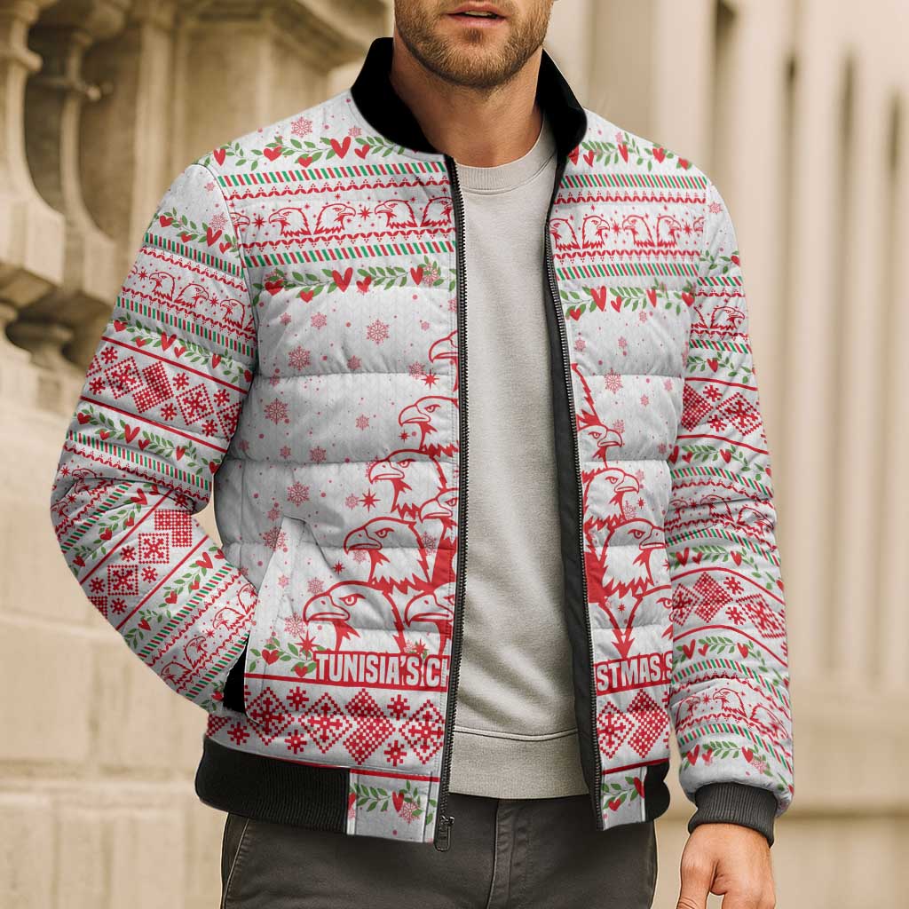 Tunisia Christmas Bomber Puffer Jacket with Red Falcon Tree White Snowflake Pattern and Festive Borders - Wonder Print Shop