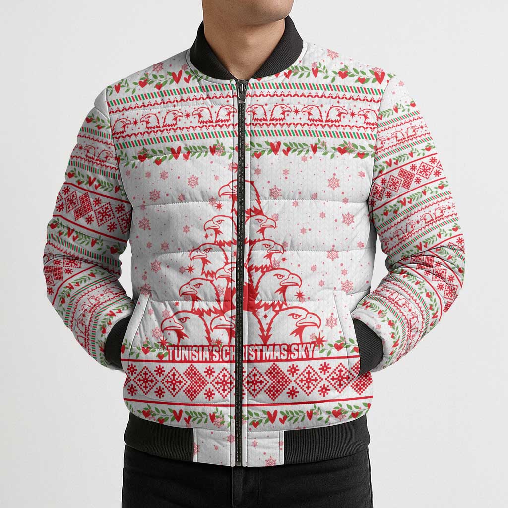 Tunisia Christmas Bomber Puffer Jacket with Red Falcon Tree White Snowflake Pattern and Festive Borders - Wonder Print Shop