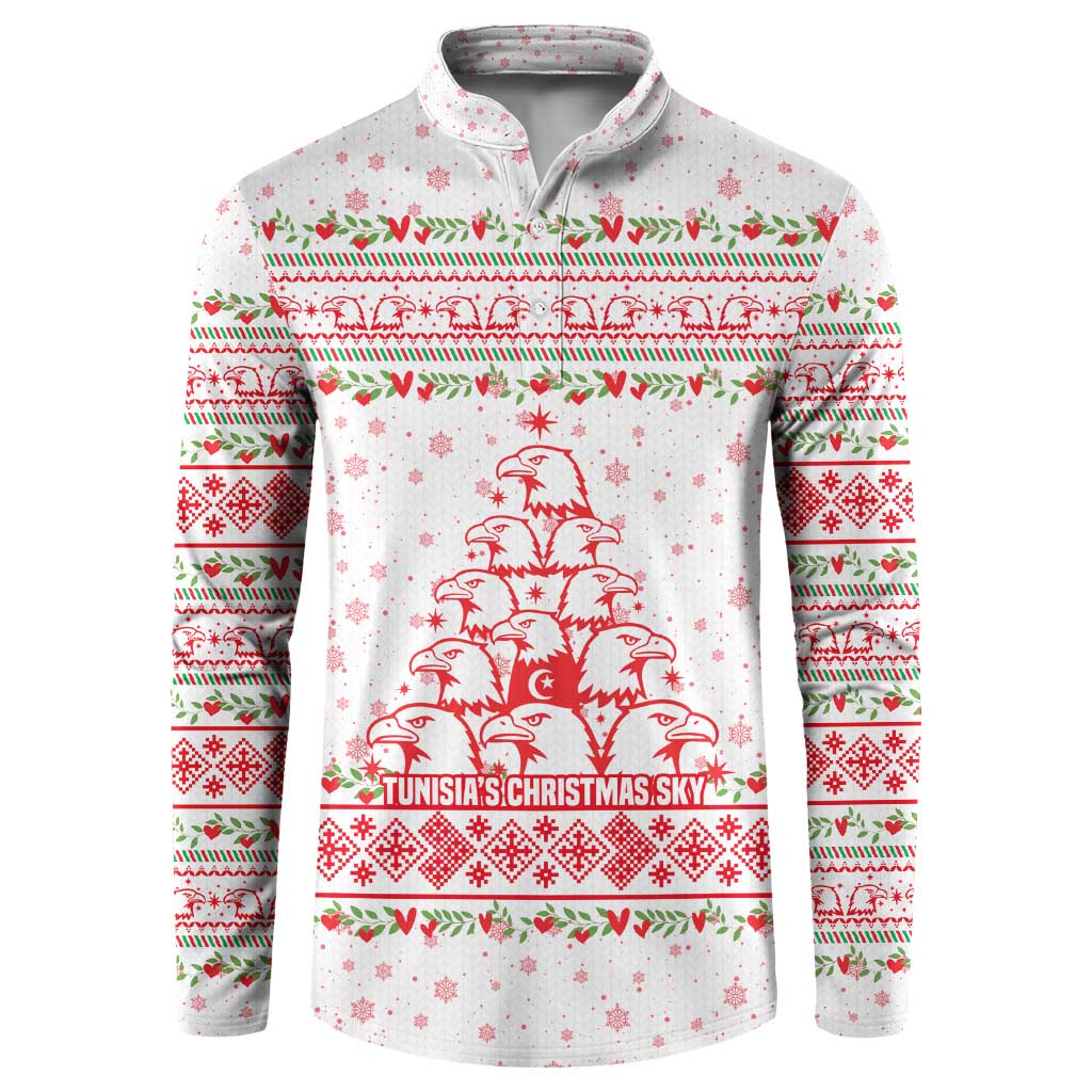 Tunisia Christmas Button Sweatshirt with Red Falcon Tree White Snowflake Pattern and Festive Borders - Wonder Print Shop