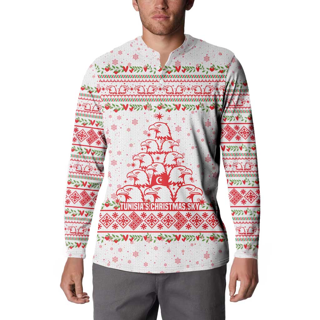Tunisia Christmas Button Sweatshirt with Red Falcon Tree White Snowflake Pattern and Festive Borders - Wonder Print Shop