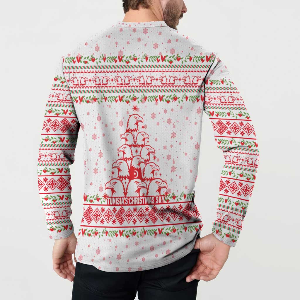 Tunisia Christmas Button Sweatshirt with Red Falcon Tree White Snowflake Pattern and Festive Borders - Wonder Print Shop