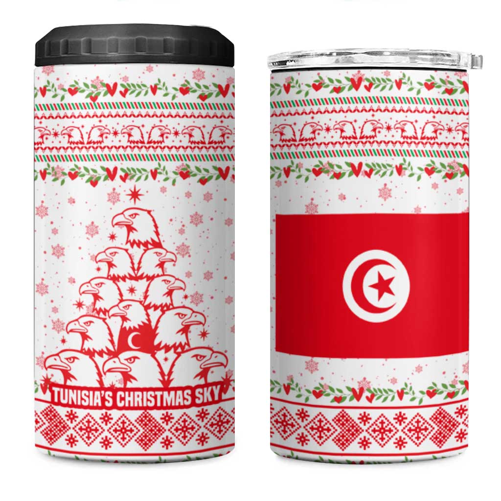 Tunisia Christmas 4 in 1 Can Cooler Tumbler with Red Falcon Tree White Snowflake Pattern and Festive Borders - Wonder Print Shop