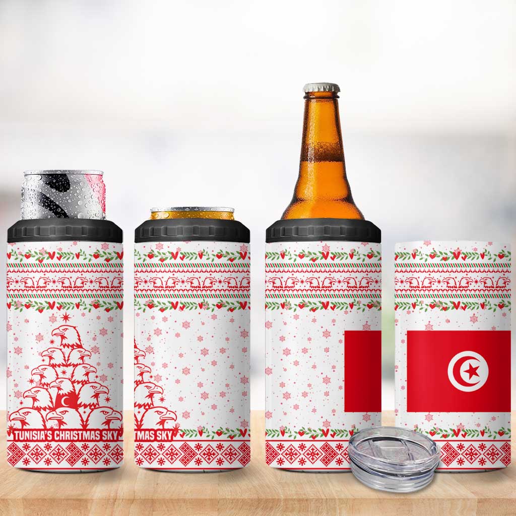 Tunisia Christmas 4 in 1 Can Cooler Tumbler with Red Falcon Tree White Snowflake Pattern and Festive Borders - Wonder Print Shop