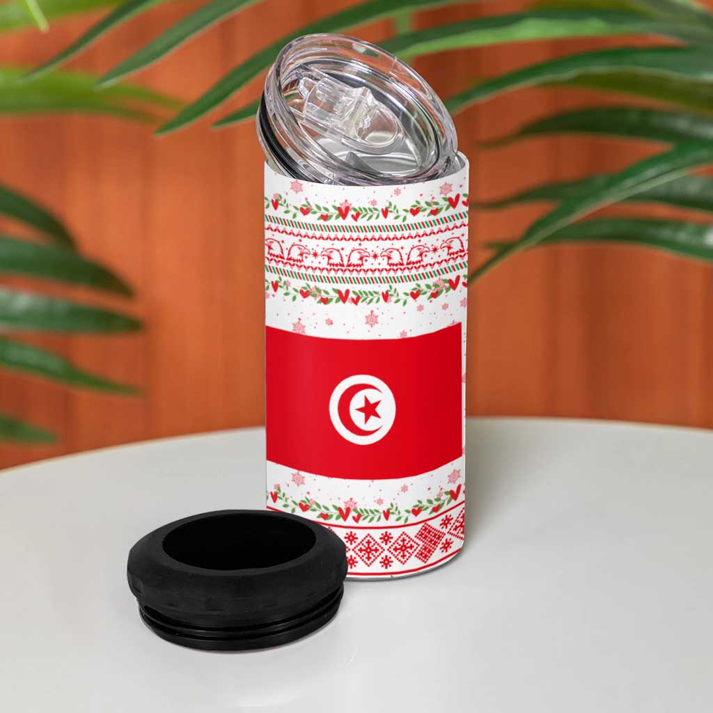 Tunisia Christmas 4 in 1 Can Cooler Tumbler with Red Falcon Tree White Snowflake Pattern and Festive Borders - Wonder Print Shop