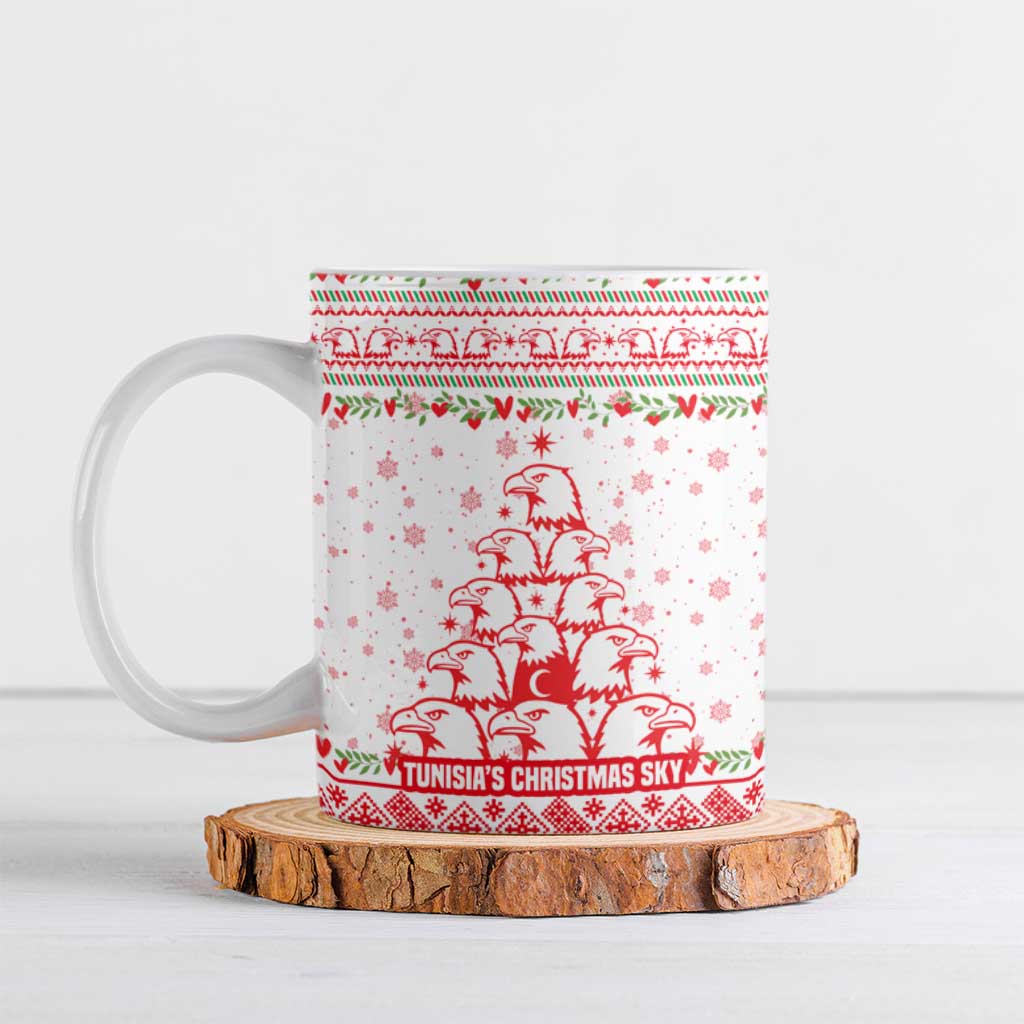Tunisia Christmas Ceramic Mug with Red Falcon Tree White Snowflake Pattern and Festive Borders - Wonder Print Shop