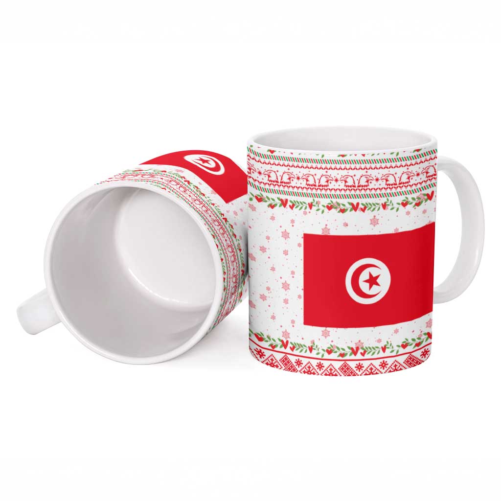 Tunisia Christmas Ceramic Mug with Red Falcon Tree White Snowflake Pattern and Festive Borders - Wonder Print Shop