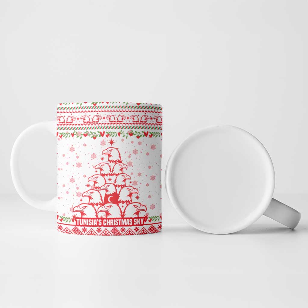 Tunisia Christmas Ceramic Mug with Red Falcon Tree White Snowflake Pattern and Festive Borders - Wonder Print Shop
