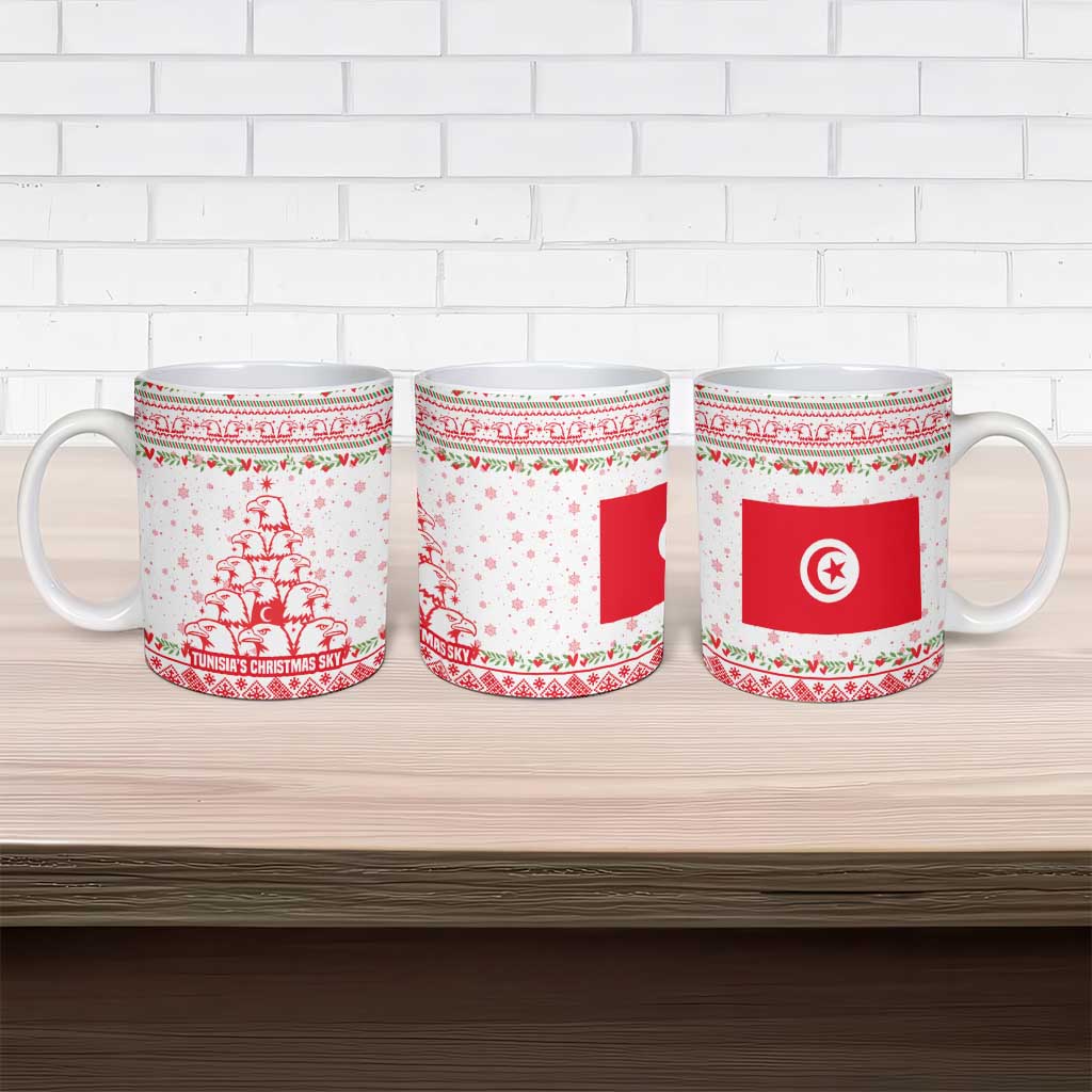 Tunisia Christmas Ceramic Mug with Red Falcon Tree White Snowflake Pattern and Festive Borders - Wonder Print Shop