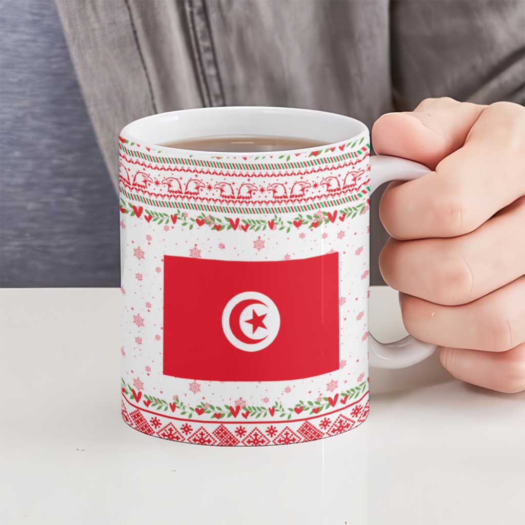 Tunisia Christmas Ceramic Mug with Red Falcon Tree White Snowflake Pattern and Festive Borders - Wonder Print Shop