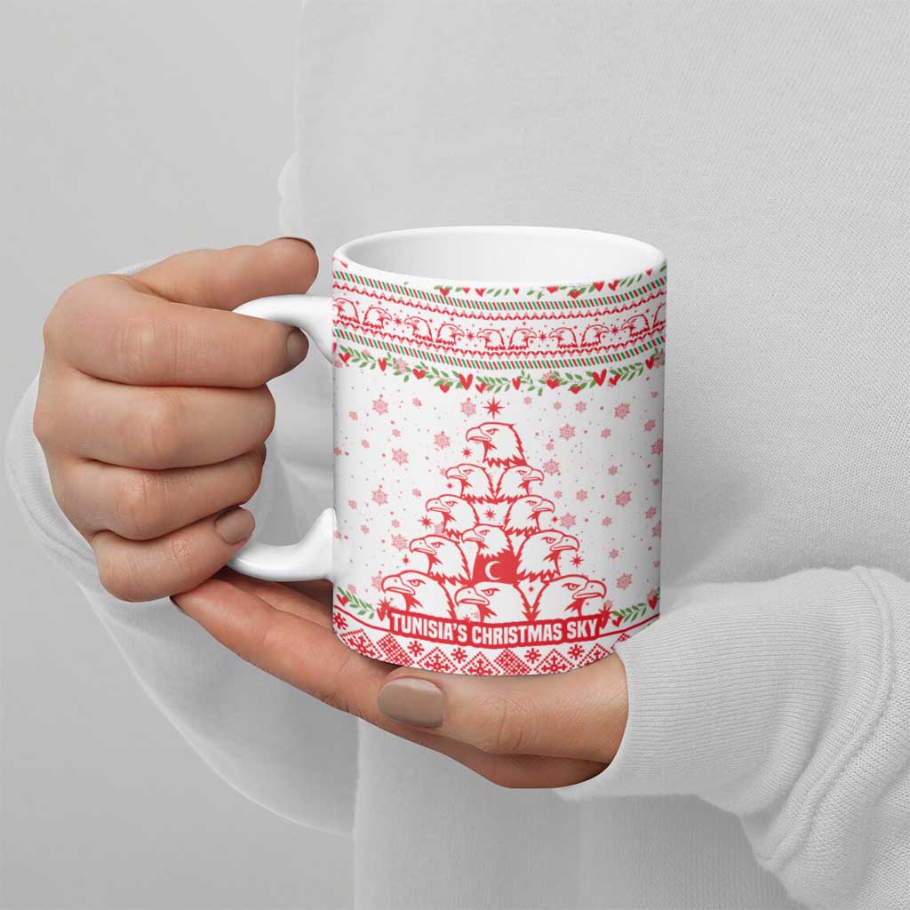 Tunisia Christmas Ceramic Mug with Red Falcon Tree White Snowflake Pattern and Festive Borders - Wonder Print Shop