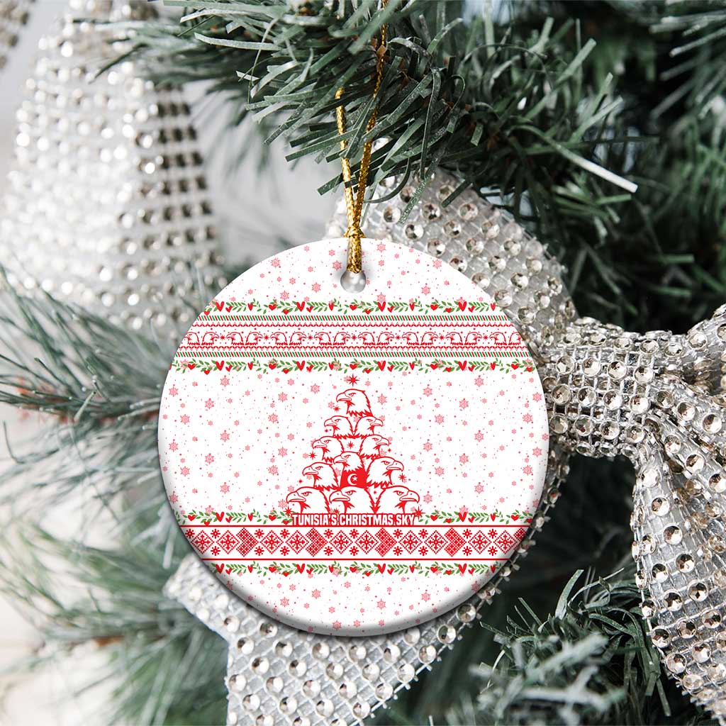 Tunisia Christmas Ceramic Ornament with Red Falcon Tree White Snowflake Pattern and Festive Borders - Wonder Print Shop