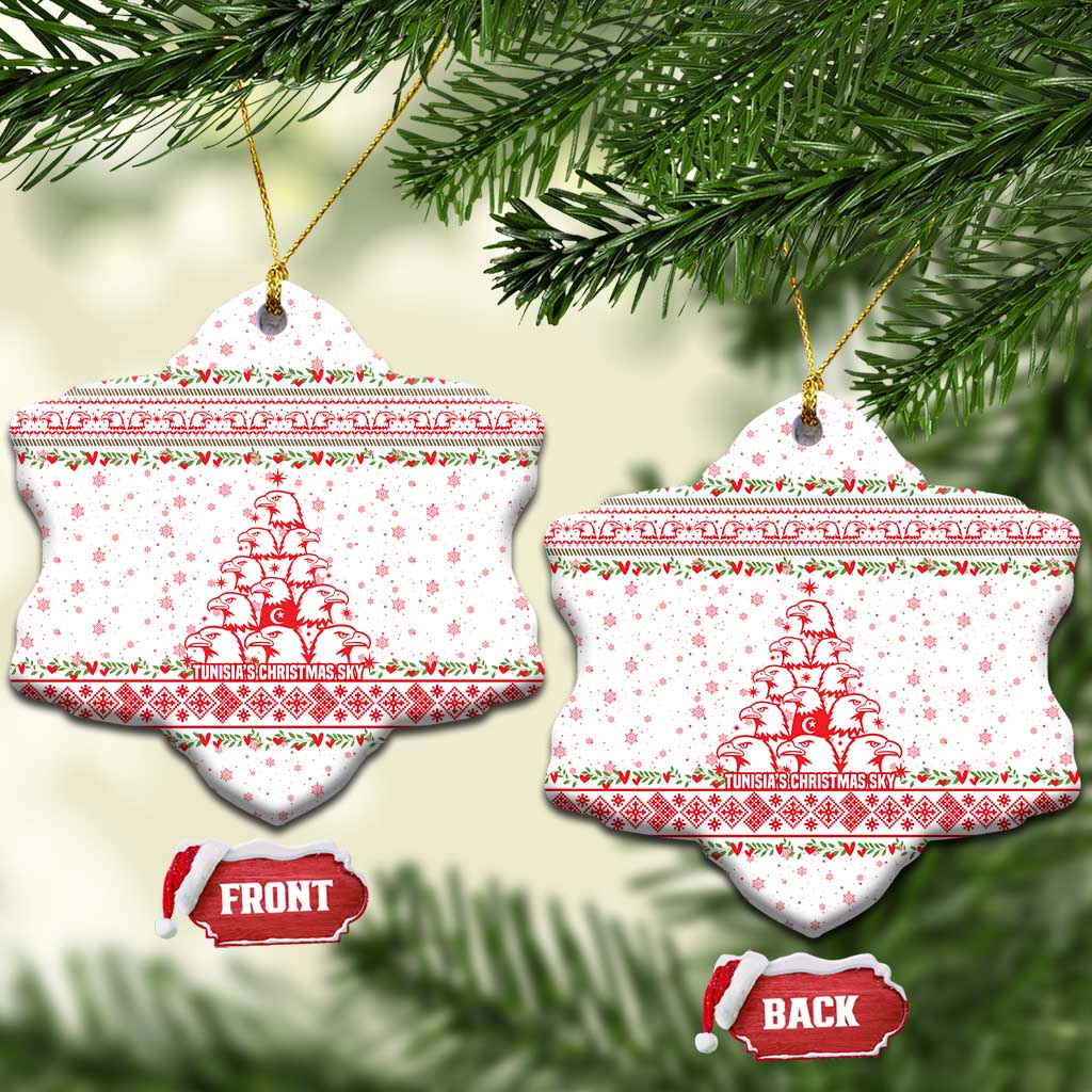 Tunisia Christmas Ceramic Ornament with Red Falcon Tree White Snowflake Pattern and Festive Borders - Wonder Print Shop