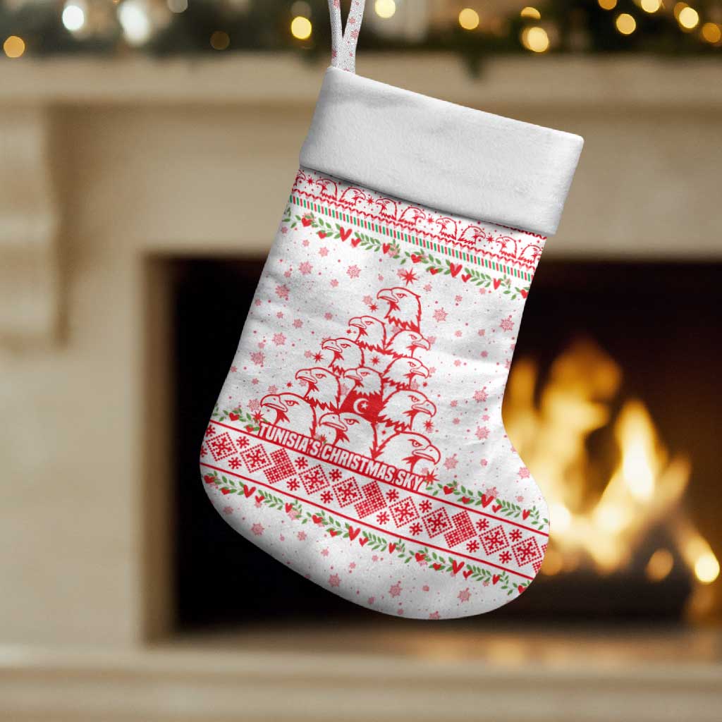 Tunisia Christmas Stocking with Red Falcon Tree White Snowflake Pattern and Festive Borders - Wonder Print Shop