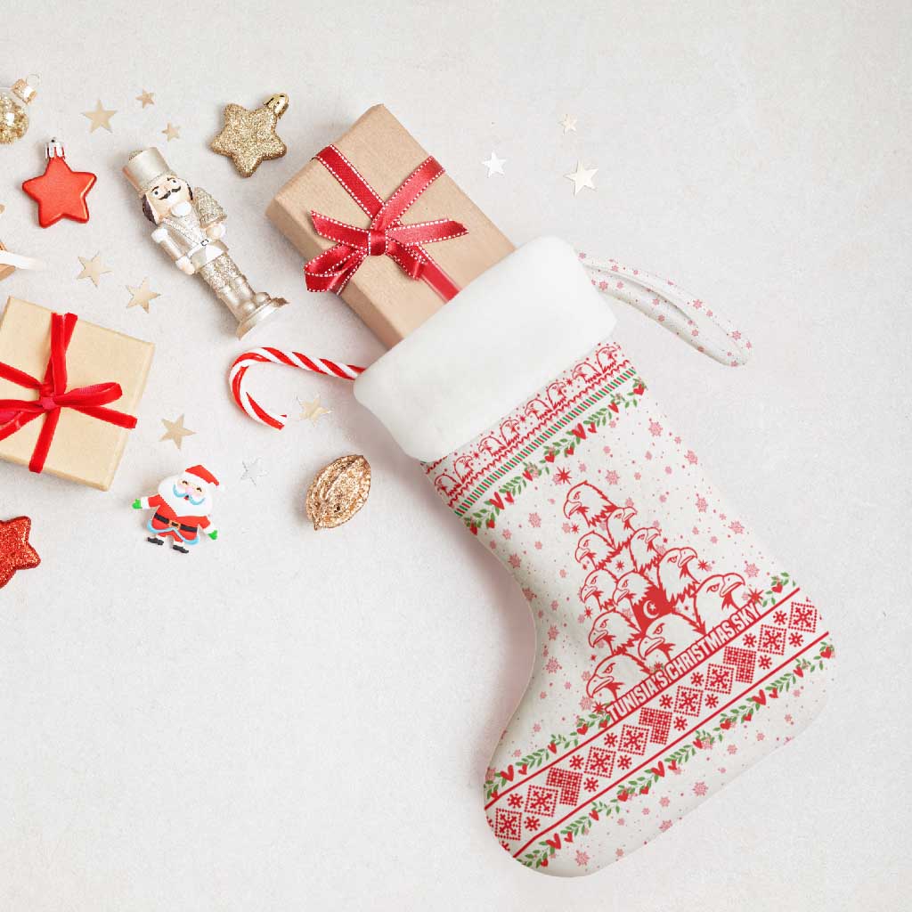 Tunisia Christmas Stocking with Red Falcon Tree White Snowflake Pattern and Festive Borders - Wonder Print Shop