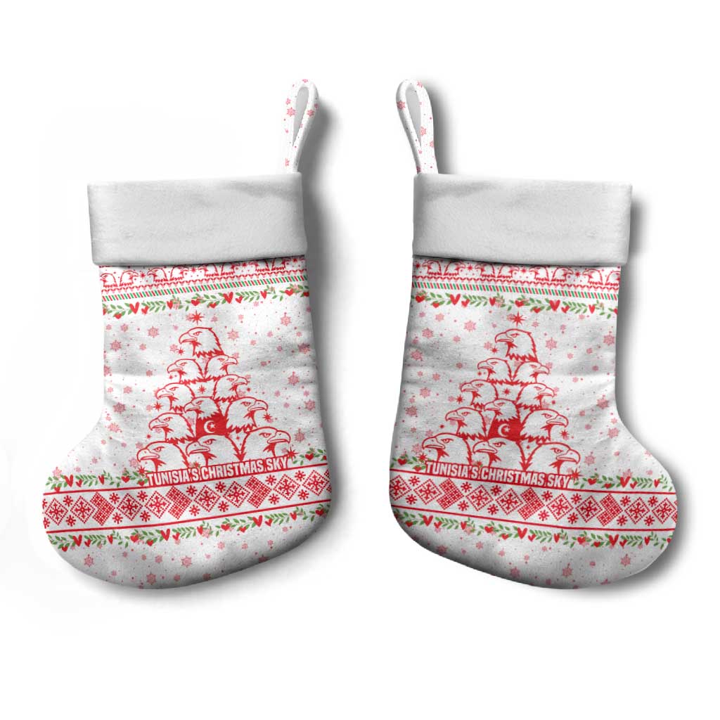 Tunisia Christmas Stocking with Red Falcon Tree White Snowflake Pattern and Festive Borders - Wonder Print Shop