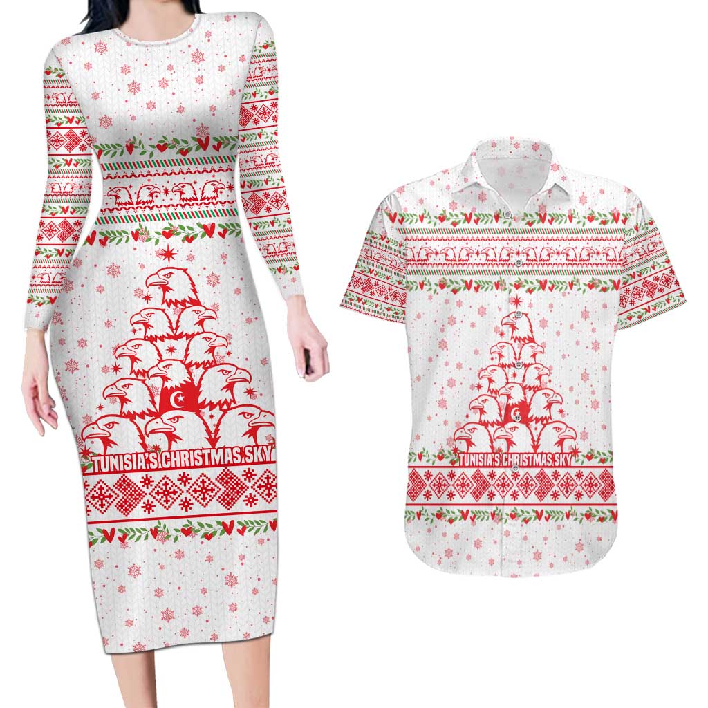 Tunisia Christmas Couples Matching Long Sleeve Bodycon Dress and Hawaiian Shirt with Red Falcon Tree White Snowflake Pattern and Festive Borders - Wonder Print Shop