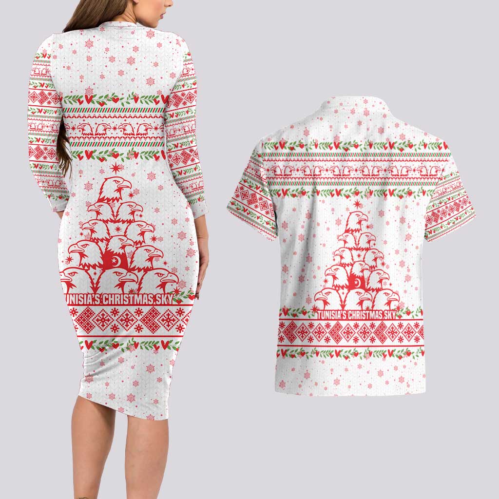 Tunisia Christmas Couples Matching Long Sleeve Bodycon Dress and Hawaiian Shirt with Red Falcon Tree White Snowflake Pattern and Festive Borders - Wonder Print Shop