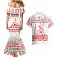 Tunisia Christmas Couples Matching Mermaid Dress and Hawaiian Shirt with Red Falcon Tree White Snowflake Pattern and Festive Borders - Wonder Print Shop