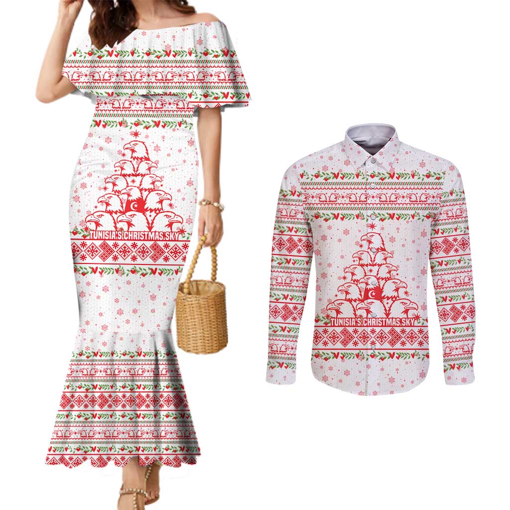 Tunisia Christmas Couples Matching Mermaid Dress and Long Sleeve Button Shirt with Red Falcon Tree White Snowflake Pattern and Festive Borders - Wonder Print Shop