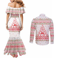 Tunisia Christmas Couples Matching Mermaid Dress and Long Sleeve Button Shirt with Red Falcon Tree White Snowflake Pattern and Festive Borders - Wonder Print Shop